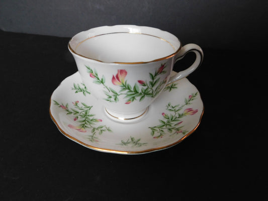 Colclough pink flower green leaves cup and saucer GUC - Items Tried And True