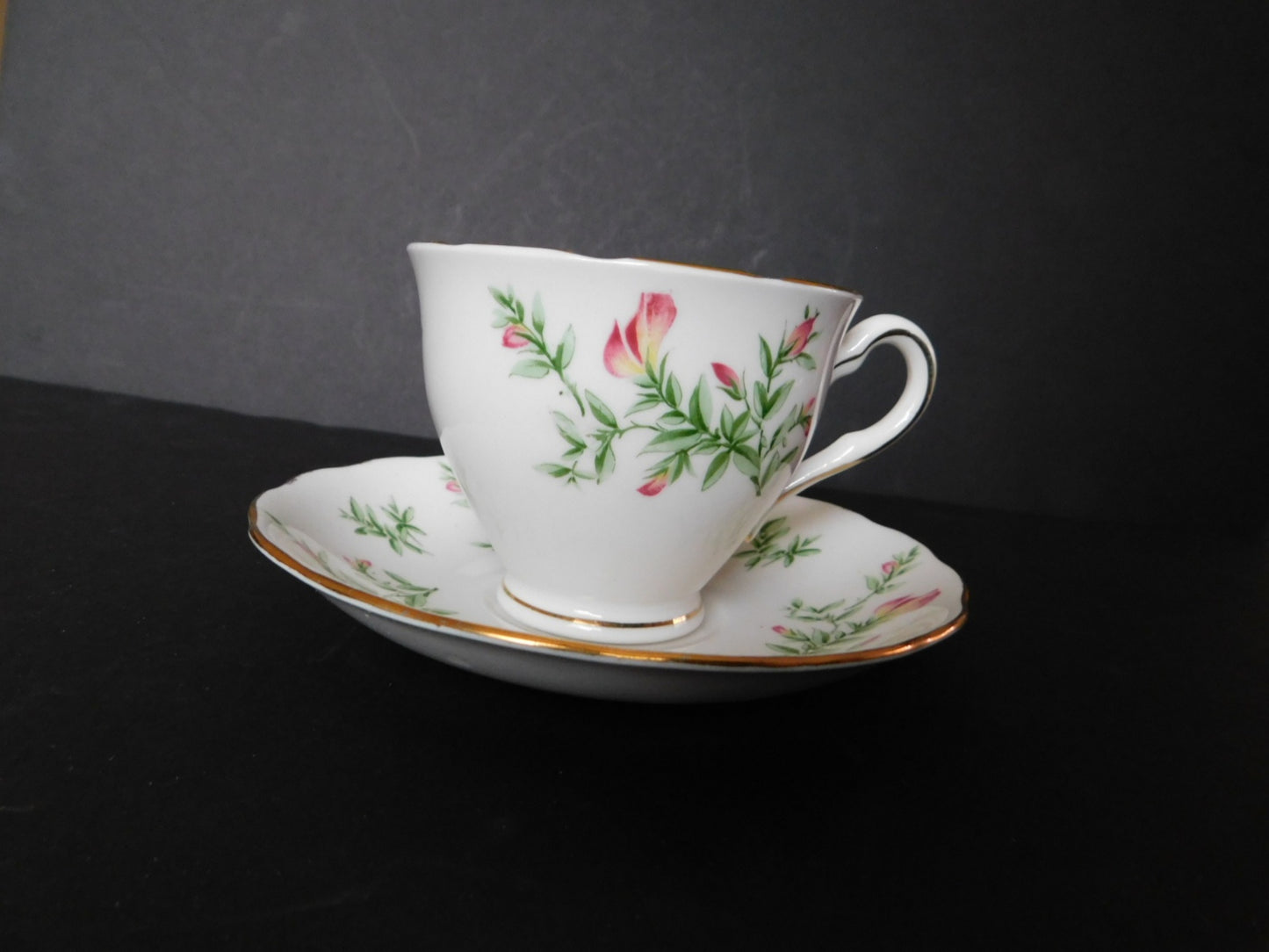 Colclough pink flower green leaves cup and saucer GUC - Items Tried And True