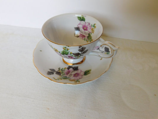 Trimont Japan pink yellow flower cup and saucer VGU