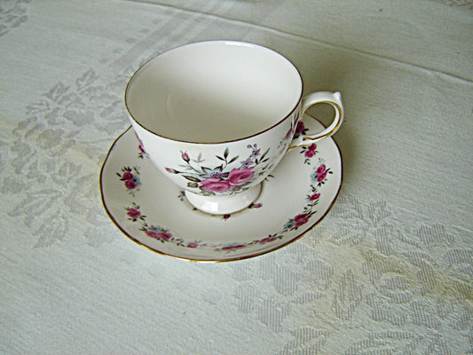 Queen Anne 8186 pink Rose small print cup and saucer VGU - Items Tried And True