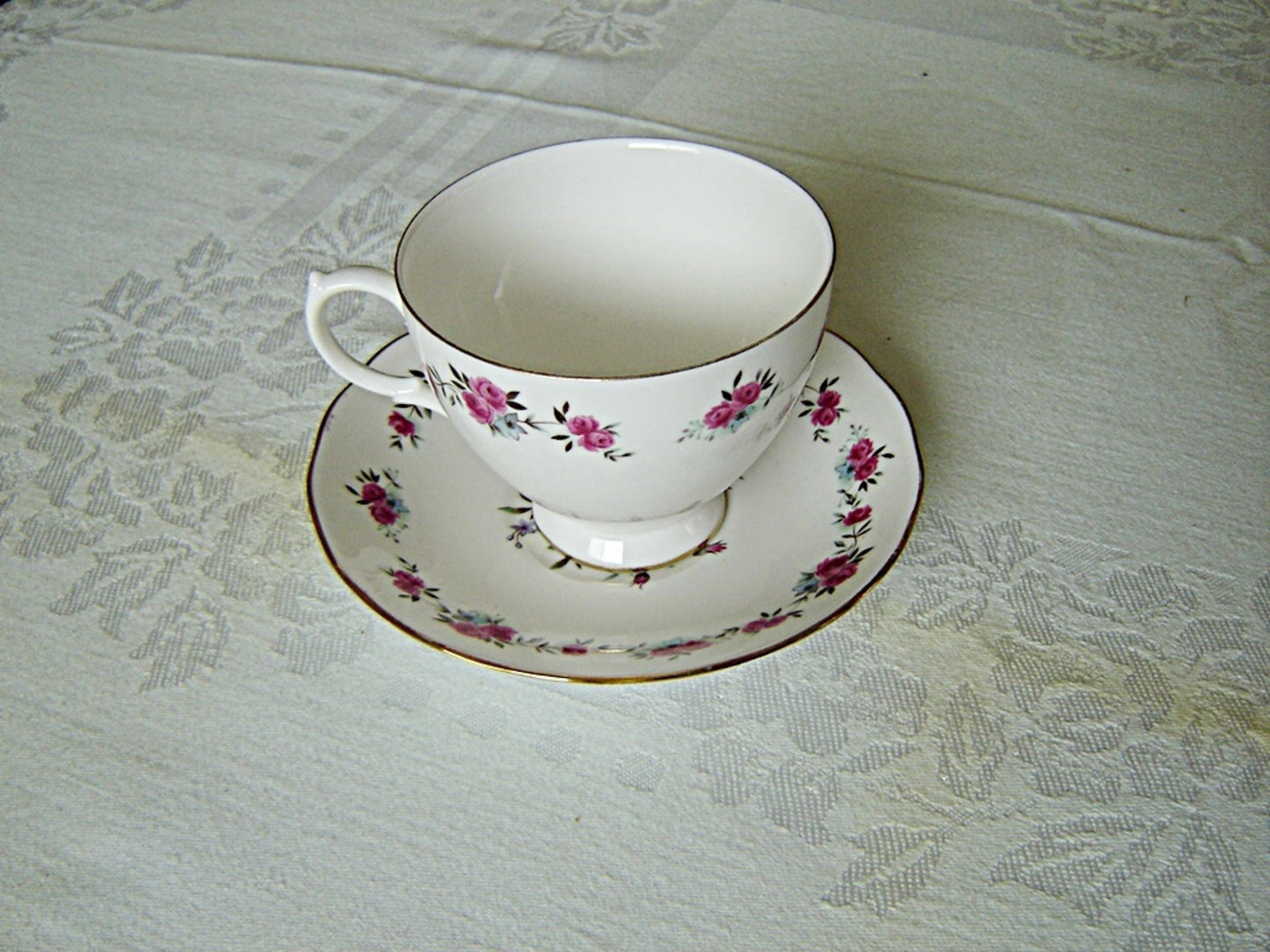 Queen Anne 8186 pink Rose small print cup and saucer VGU - Items Tried And True