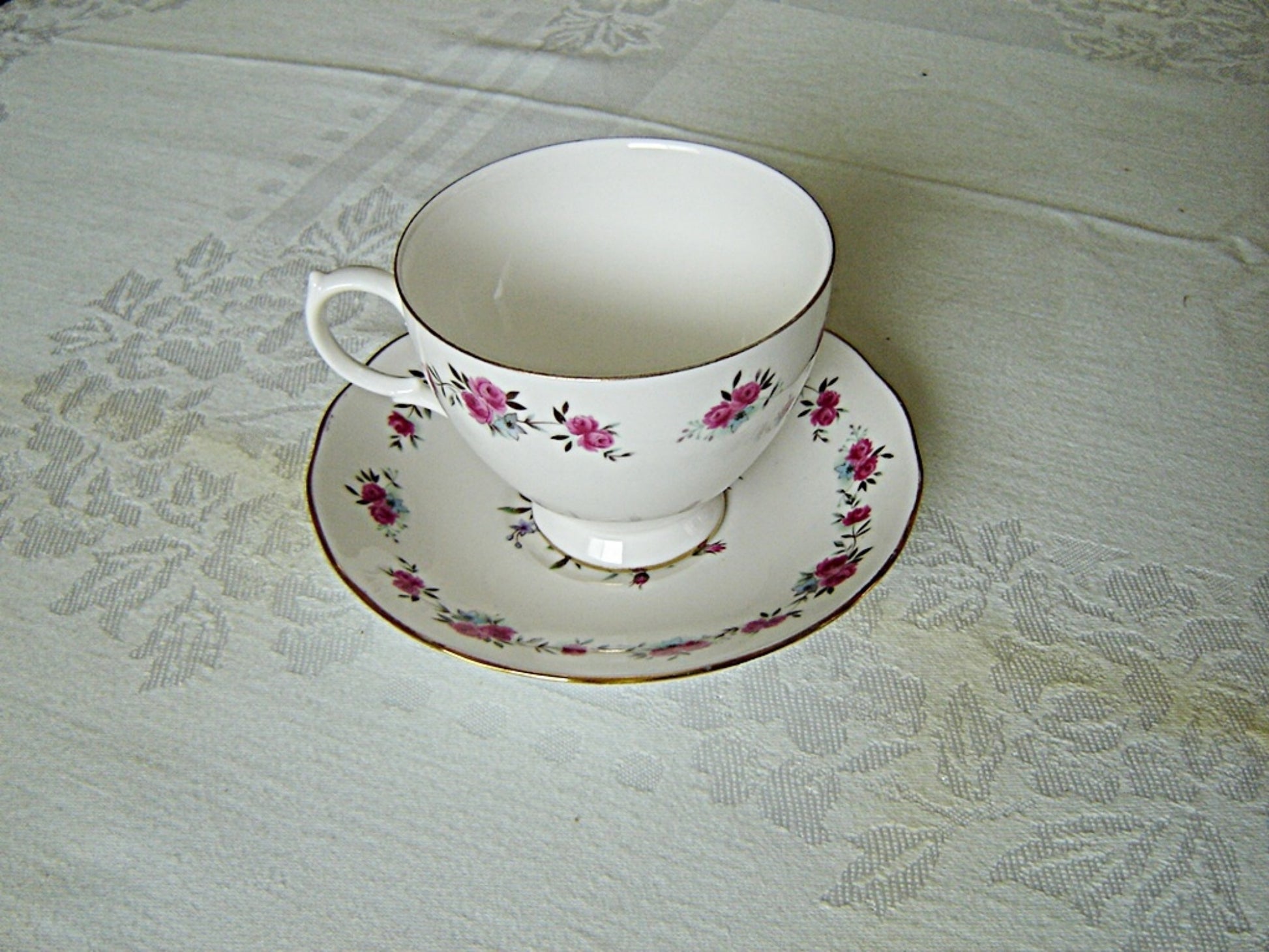 Queen Anne 8186 pink Rose small print cup and saucer VGU - Items Tried And True