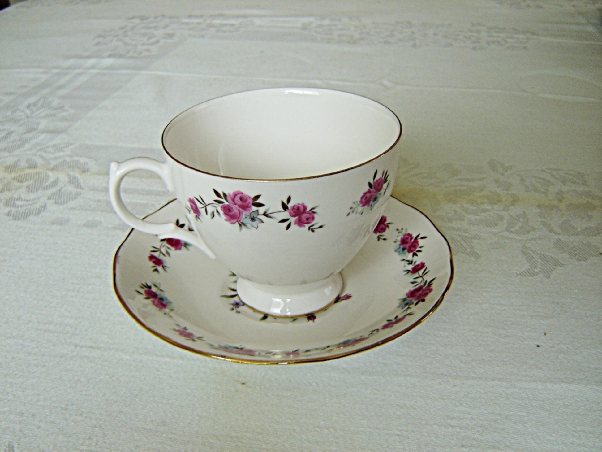 Queen Anne 8186 pink Rose small print cup and saucer VGU - Items Tried And True