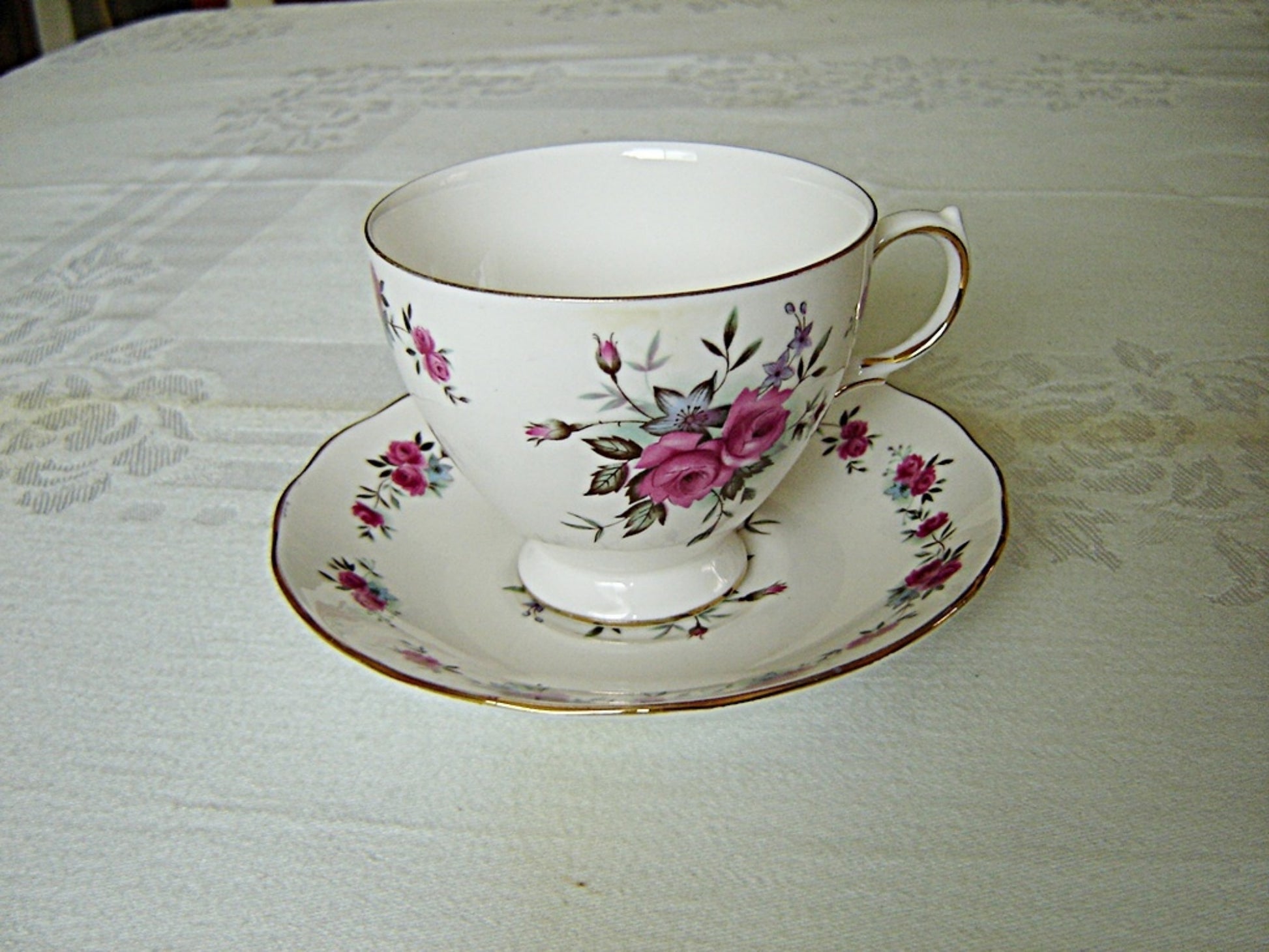 Queen Anne 8186 pink Rose small print cup and saucer VGU - Items Tried And True