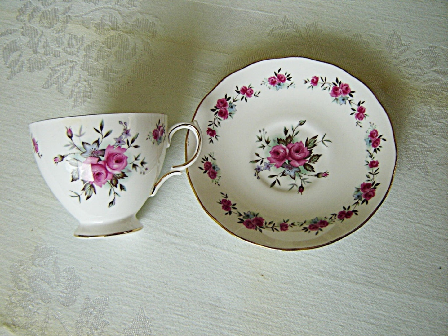 Queen Anne 8186 pink Rose small print cup and saucer VGU - Items Tried And True