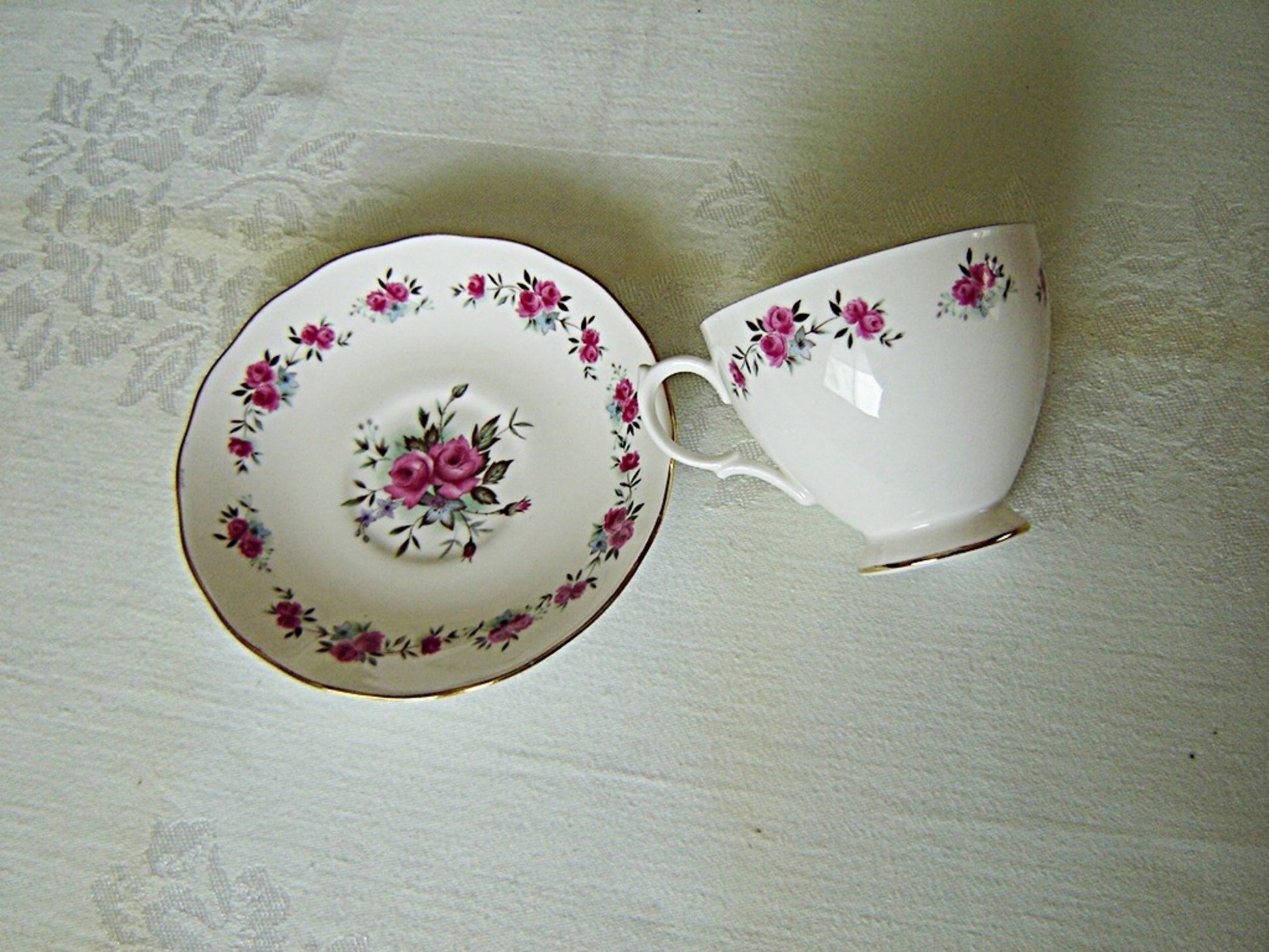 Queen Anne 8186 pink Rose small print cup and saucer VGU - Items Tried And True