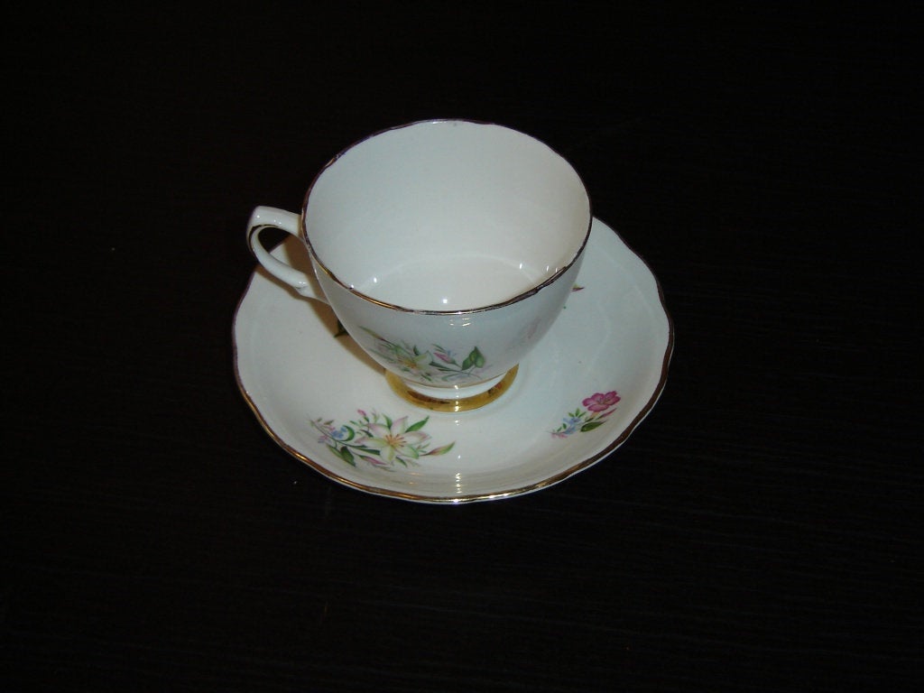 Colclough 7926 pink white blue flowers cup and saucer VGU - Items Tried And True