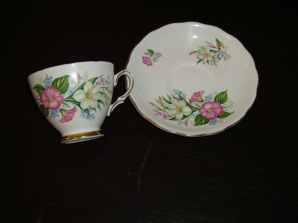 Colclough 7926 pink white blue flowers cup and saucer VGU - Items Tried And True