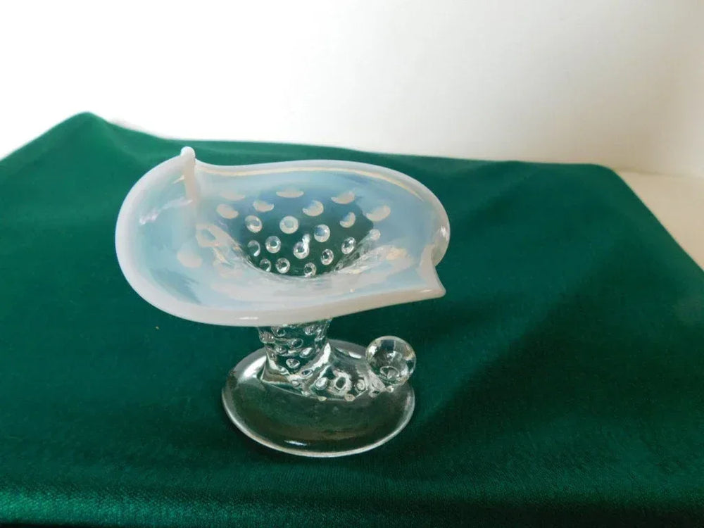 Pale blue cornucopia shape hobnail art glass