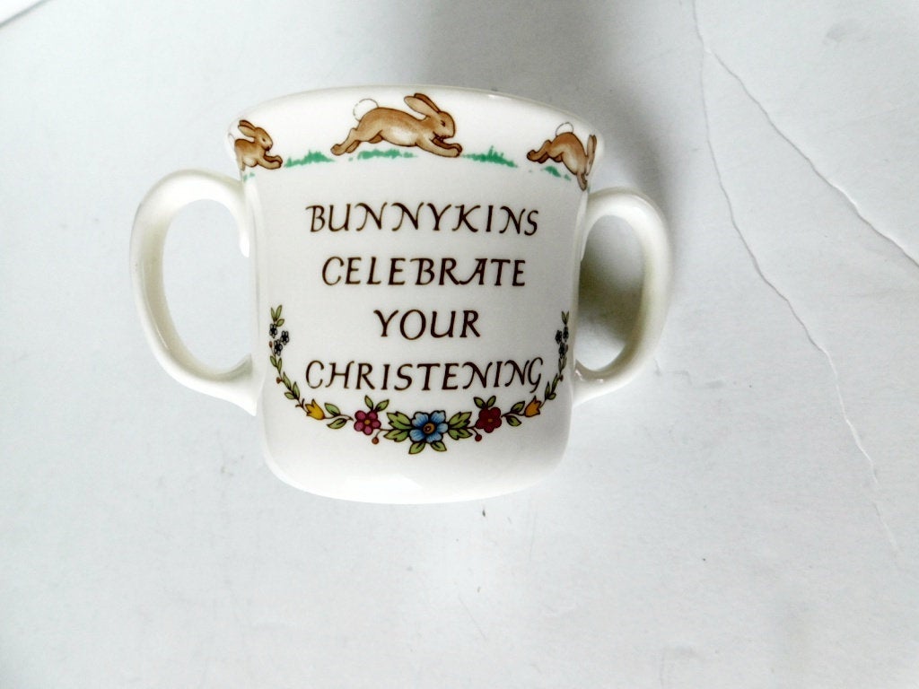 Bunnykins Christening 2 Handled Hug a Mug Mug Albion shape near mint condition - Items Tried And True