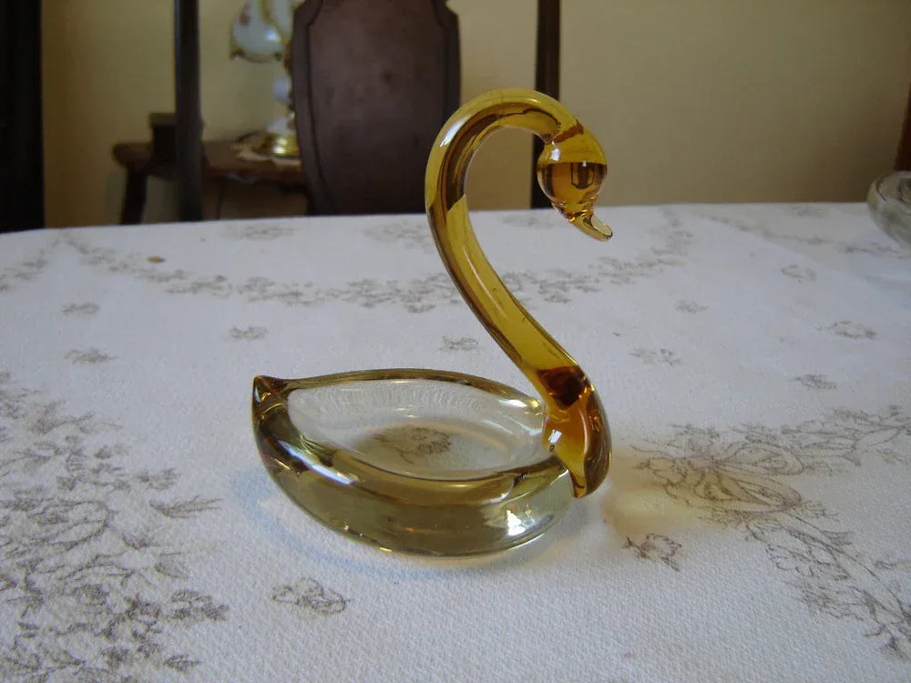 Small amber art glass swan dish