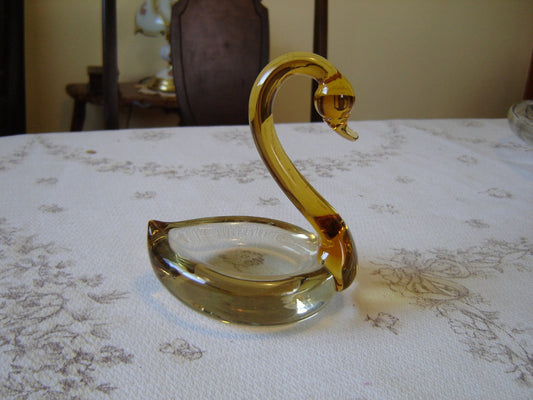 Small amber art glass swan dish VGU - Items Tried And True