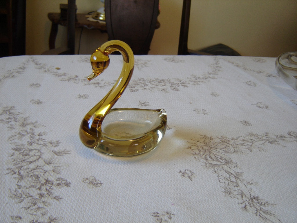 Small amber art glass swan dish VGU - Items Tried And True