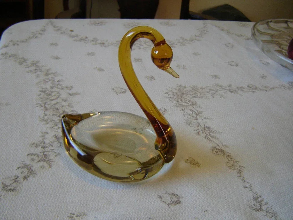 Large amber art glass swan dish