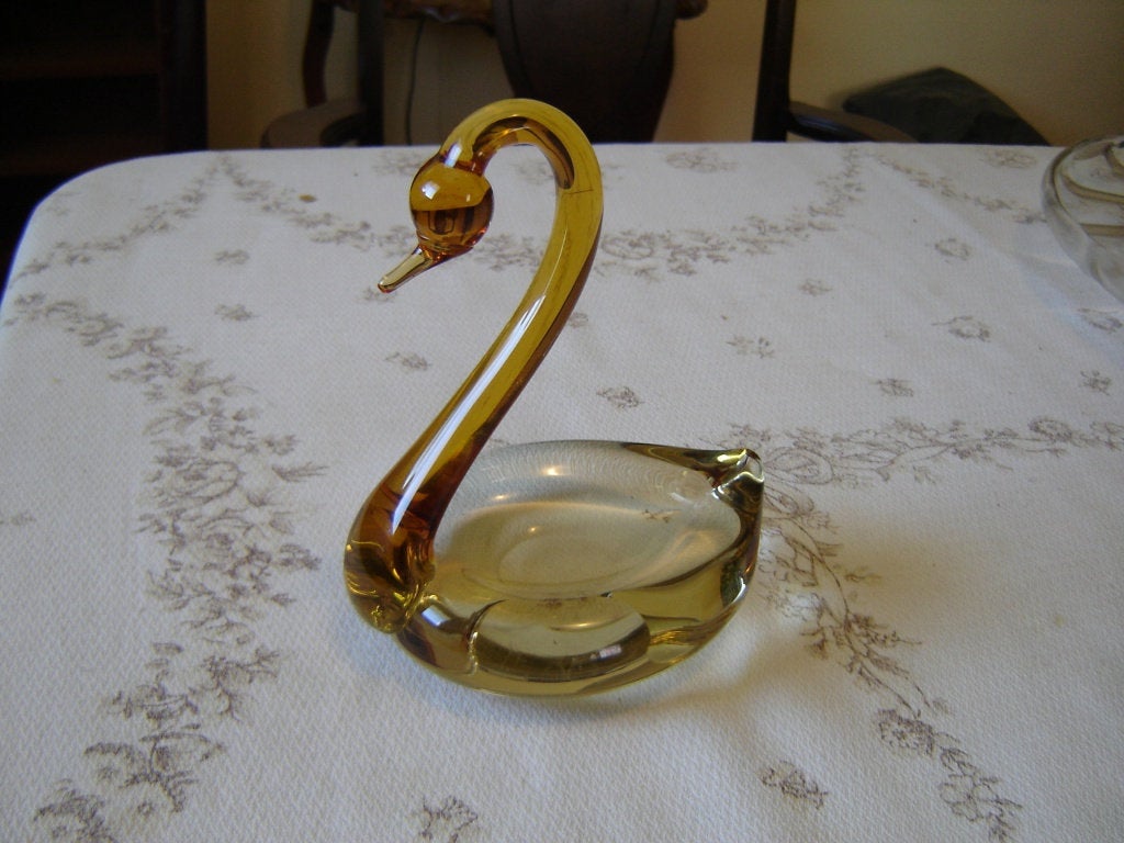 Large amber art glass swan dish VGU - Items Tried And True